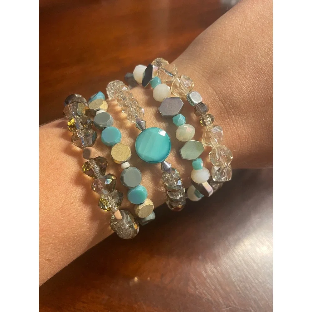 Erimish Beaded Bracelet Stack Turquoise Champagne Grey 5 Piece Set with Pouch